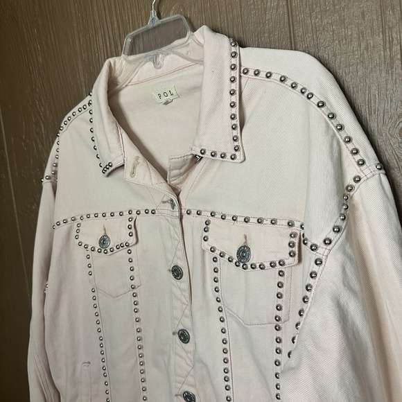 POL Studded Denim Jacket with Silver Rhinestone Trim Detail Light Pink Size S - Picture 2 of 8